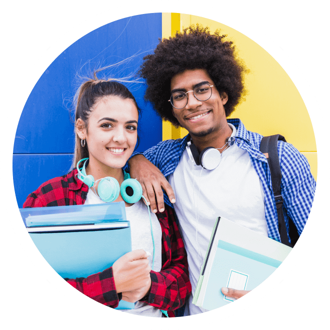 Two young individuals wearing headphones and holding files